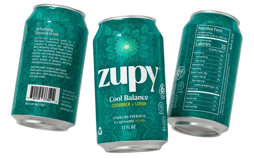 Zupy Cool Balance prebiotic sparkling drink 12 oz can with cucumber and lemon ingredients