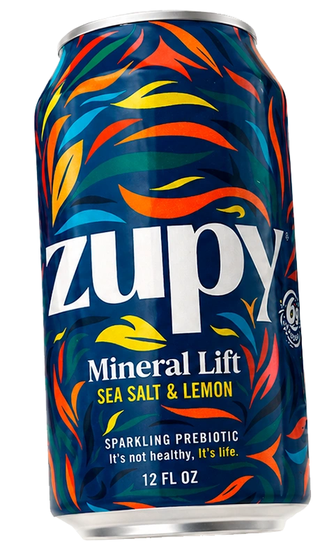 Zupy Mineral Lift prebiotic sparkling drink 12 oz can with sea salt and lemon ingredients
