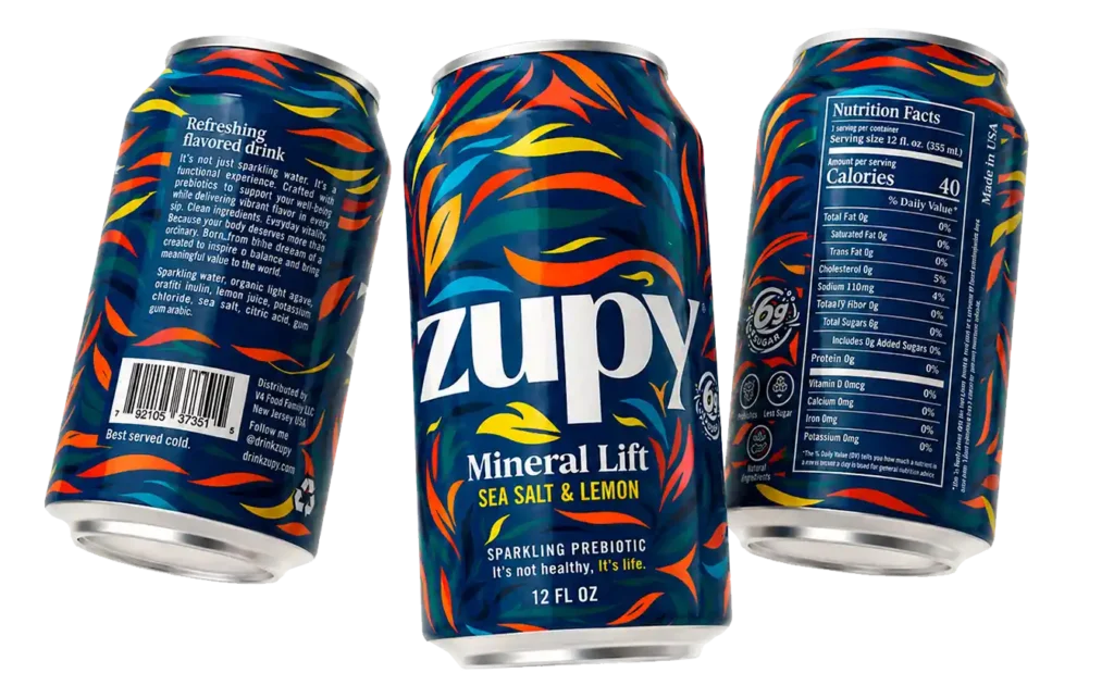 Zupy Mineral Lift prebiotic sparkling drink 12 oz can with sea salt and lemon ingredients